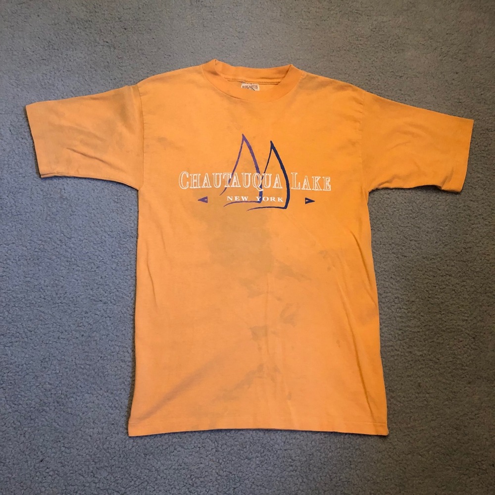 90s vtg Single Stitch Chautauqua Lake‎ NY T-Shirt Prairie Mountain Orange Medium